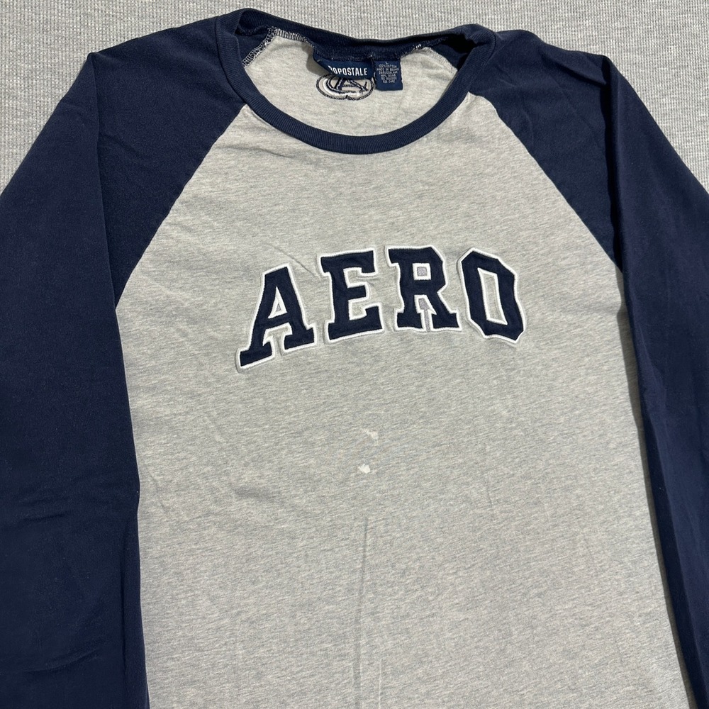 Aeropostale Raglan Baseball Long Sleeve Shirt Aero Logo‎ Navy Blue Gray Mens L - Picture 6 of 9